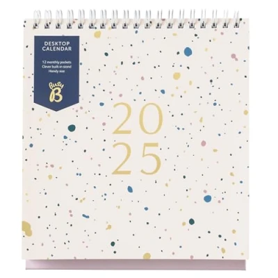 Afbeelding van Busy B Bureaukalender 2025 januari tot december roze spray met geïntegreerde standaard en inklapbare binding, A5 formaat voor kantoor thuis, jaarplanner vakken