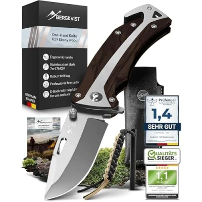 Afbeelding van BERGKVIST® K29 3 in 1 klapmes met glasbreker en riemsnijder voor buiten survival, bronzen winnaar A&#039; Design Award 2021, ebbenhouten handvat