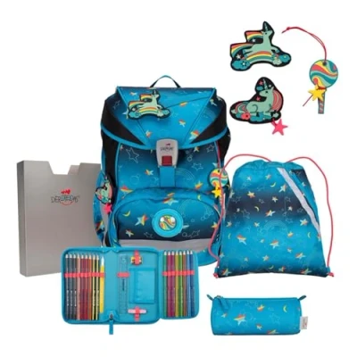 Afbeelding van DerDieDas Schooltas ErgoFlex Exklusiv LED Schulranzenset 5 delig Rainbow Star Turquoise