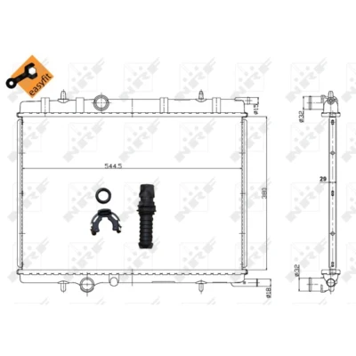 Afbeelding van NRF EASY FIT 58308 Radiateur Aluminium 563 379 29 Met aanbouwdelen Koelribben gesoldeerd PEUGEOT: Partner I Van, Combispace, 2008 Estate