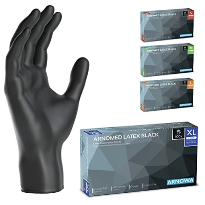 Afbeelding van ARNOMED Wegwerp latex wegwerphandschoenen XL, zwart, poedervrij 100 p./doos, zwarte wegwerphandschoenen, verkrijgbaar in de maten S, M, L en XL