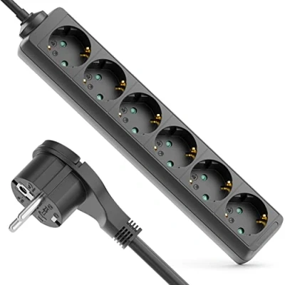 Afbeelding van deleyCON Stekkerdoos met 6 vakken platte stekker, netklem voor gebruik binnenshuis, kabel van 3,0 m, contactstekker, robuuste kunststof behuizing, zwart