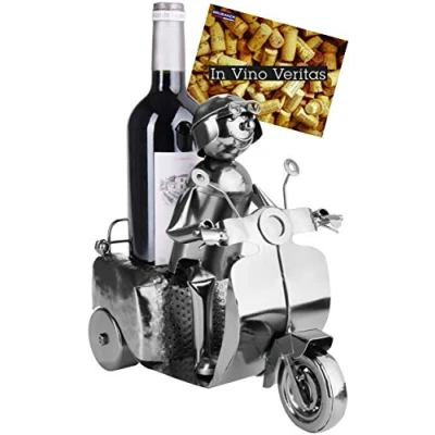 Afbeelding van BRUBAKER Wijnfles Houder Scooter Bestuurder Zilver Metalen Sculptuur Flessenstandaard 27 cm Figuur Wijn Geschenk voor Fans met Wenskaart