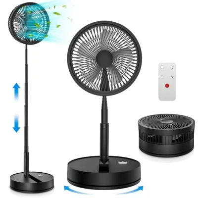 Afbeelding van FGRYB Oscillant Ventilateur sur Pied Portable Silencieux avec Télécommande, 9&#039;&#039; Pliable Sol/Table Basse Ventilateurs 4 Modes/Timer, 7200mAh USB Rechargeable Piédestal Fan pour Chambre Bureau (Noir)