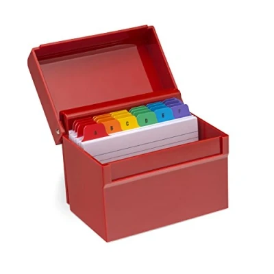 Afbeelding van OSCO Rode indexdoos van glanzend kunststof, klein, tabbladen A tot Z, inclusief 100 gelinieerde kaarten (12,7 x 7,6 cm), flashkaarten voor revisie, receptennotities, classificatie de