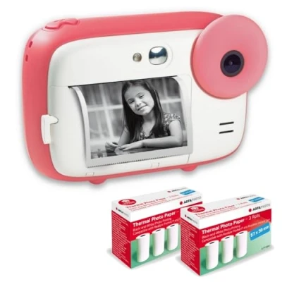 Afbeelding van AGFA Photo Pack Realikids Instant Cam + 6 Rouleaux Papier Thermique ATP3WH supplémentaires Appareil Instantané Enfant, Ecran LCD 2,4&#039;, Batterie Lithium, Miroir Selfie et Filtre Rose