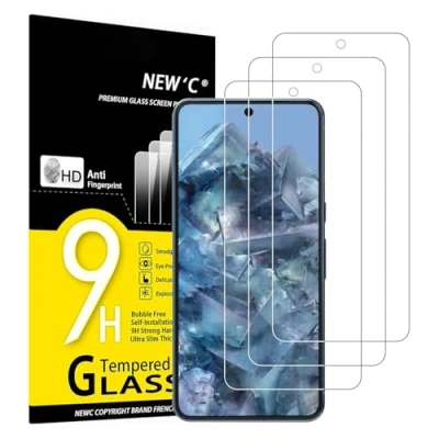 Afbeelding van NEW&#039;C Displaybeschermfolie van gehard glas voor Google Pixel 8 Pro, zonder luchtbellen, zeer robuust (0,33 mm HD ultra transparant), hardheid 9H, 3 stuks