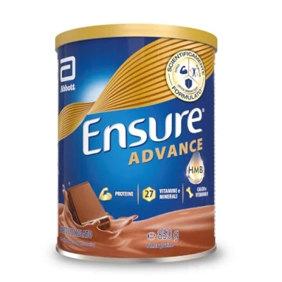 Afbeelding van Ensure Advance voedingssupplement eiwitpoeder, met 27 vitaminen en mineralen, eiwitten, calcium HMB, verpakking 850 g, chocoladesmaak