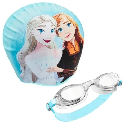 Afbeelding van Disney Zwembril voor kinderen, zwembrilset, anti condensatie en badmuts kinderen (blauw, ijskoningin, 3 6 jaar)