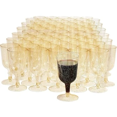 Afbeelding van MATANA 50 Plastic Wijnglazen met Gouden Glitter voor Bruiloften, Verjaardagen, Kerstmis &amp; Feesten, 170ml Elegant, Herbruikbaar Stevig