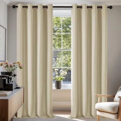 Afbeelding van Deconovo thermisch geïsoleerde verduisteringsgordijnen voor woonkamer en slaapkamer, modern design met oogjes, 140 x 290 cm (breedte hoogte), donkerbeige, 2 stuks