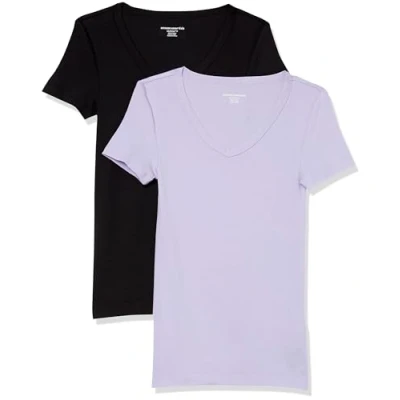 Image de Amazon Essentials T Shirt Col en v à Manches Courtes Coupe Ajustée Women&#039;s, Pack of 2, Lavande/Noir, XS