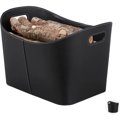 Afbeelding van Relaxdays houtmand kunstleer haardhout mand zwart opbergmand haardmand XL