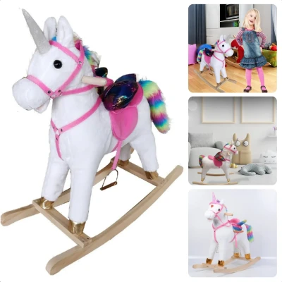 Afbeelding van Cheqo® Pluche Eenhoorn Hobbelpaard Schommelpaard Unicorn met Geluidseffecten Zacht en Veilig