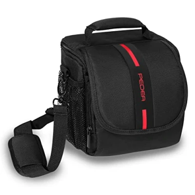 Afbeelding van PEDEA DSLR cameratas Essex fototas voor spiegelreflexcamera&#039;s met waterdichte regenbescherming, draagriem en accessoirevakken, maat M zwart/rood