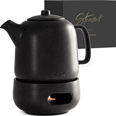 Afbeelding van STEINZEIT Design Theepot met warmhouder (1,3L) filter van roestvrij staal 304 theekan kaarswarmer, keramiek uniek glazuur uitneembare zeef, zwart