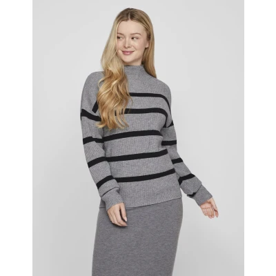 Afbeelding van Vila Trui Viril Mockneck L/s Knit Rib Top 2 14091615 Medium Grey Mel/ Black Dames Maat XS
