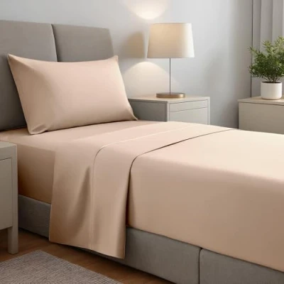 Afbeelding van gobedreams 3 delige beddengoedset voor eenpersoonsbed, 90 x 190/200, geborsteld polyester microvezel, laken, verstelbaar hoeslaken en 1 kussensloop. Kleur: beige
