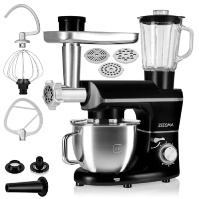 Afbeelding van Zeegma Planeet Multi Keukenmachine 1900W Planetaire Rotatie 6,2L Kom Blender 1,5L Vleesmolen 6 snelheden + Pulse Inclusief Garde, Deeghaak, Menghaak, Worst &amp; Kebbeset Beveiligd Antislip Veelzijdige Foodprocessor