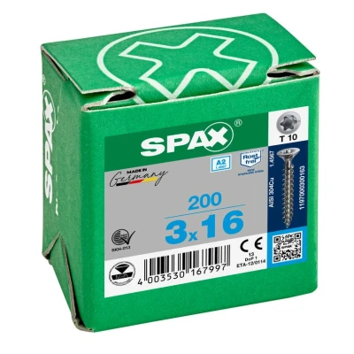 Afbeelding van Spax Spaanplaatschroef platverzonken kop RVS T Star T10 voldraad 3.0x16mm (per 200 stuks)