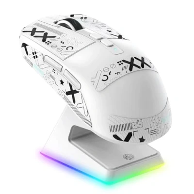 Afbeelding van VGN GAMEPOWER Attack Shark X6 Superlight draadloze gamingmuis, oplaadstation, 49 g, ultralicht, 26000 dpi, PixArt 3395, 2,4 G/bekabeld/Bluetooth, batterij 200 uur, grip tape, wit