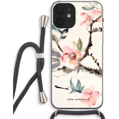 Afbeelding van Case Company® hoesje met Koord geschikt voor iPhone 12 Japanse bloemen Telefoonhoesje Zwart Extra Bescherming aan alle Kanten en Over de Schermrand