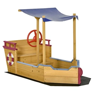 Afbeelding van Outsunny Zandbak piratenschip van hout, zonnezeil, opbergkist, roer, voorgeolied dennenhout