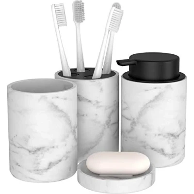 Afbeelding van Badkamerset, 4 delig, met tandenborstelbeker, tandenborstelhouder, zeepbakje en zeepdispenser, badkameraccessoireset mooie accessoires in marmerlook (wit zwart)