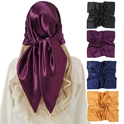 Afbeelding van KAVINGKALY Dames Satin Carré Foulard Design Mixte Imprimé Femmes Cou Foulards En Soie Grande Taille Cadeau Mode Doux Lisse 35,4&quot;x 35,4&quot; (90cm x 90cm), 4 stuks Effen kleur01, M