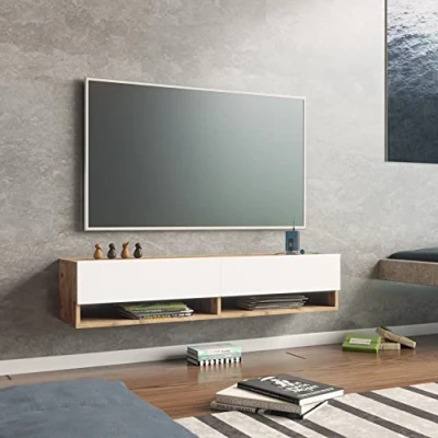 Afbeelding van Tv meubel Laitila 2 opbergvakken 140x31,5x29,5cm houtkleurig en wit