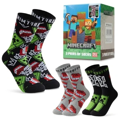 Afbeelding van Minecraft Kindersokken, 3 paar fantasiesokken, cadeau idee voor gamers, jongenssokken 31 36 en 37 40, Zwart/Grijs