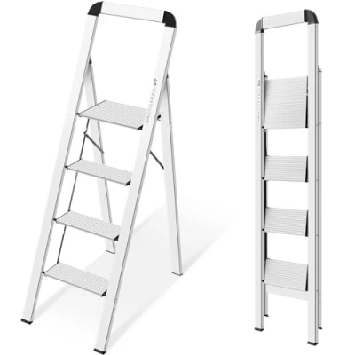 Afbeelding van KINGRACK Vouwladder met 4 treden leuning, lichte aluminium ladder, antislip ladder opvouwbare veiligheid, opstapkruk maximale belasting 150 kg voor huis keuken, zilver