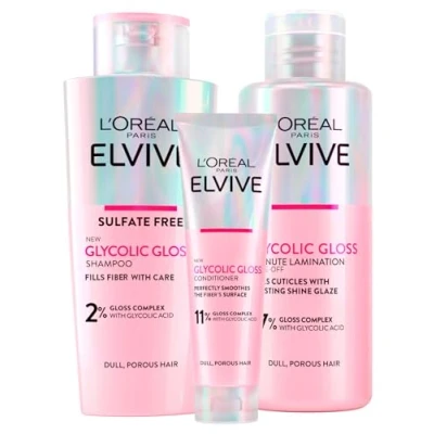 Afbeelding van L&#039;Oréal Paris Elvive Glycolic Gloss Balsem 150 ml + 200 shampoo lamineerbehandeling 5 minuten à set voor uitgestorven en poreus haar, intensieve langdurige glans, 3 flessen