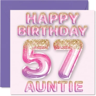 Afbeelding van Verjaardagskaart voor tante 57 jaar, roze en paarse glitterballonnen, verjaardagskaarten jarige van neef nichtje, 145 mm x