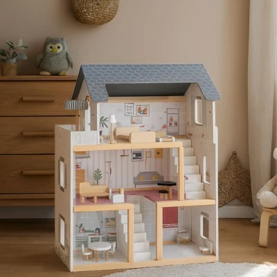 Afbeelding van Houten Poppenhuis Inclusief Meubels 77cm Wit