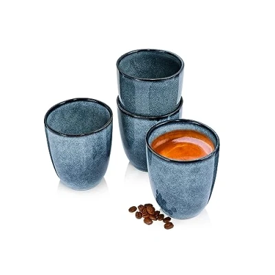 Afbeelding van Sänger Darwin Set van 4 kopjes zonder handvat, koffieglazen voor personen, aardewerk, handgemaakt, blauw, 300 ml, premium collectie