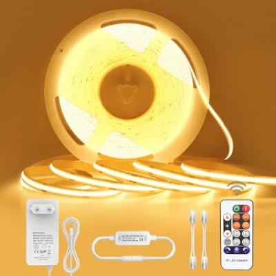 Afbeelding van ledstrip, COB, 10 m, warmwit, COB dimbaar, 24 V, 3000 K, ledstrip met voeding en afstandsbediening, zelfklevend, waterdicht, IP44, lichtstrips voor kasten, keuken