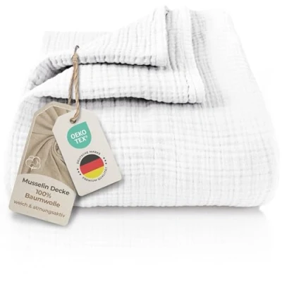 Afbeelding van LAYNENBURG Hoogwaardige mousseline sprei 220 x 240 cm, XXL, 100% katoen, extra zachte deken als knuffeldeken, bedsprei, bankdeken, bankdeken
