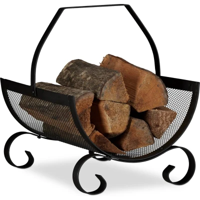 Afbeelding van Relaxdays houtmand zwart brandhout mand metaal haardhout opslag met greep rustiek +