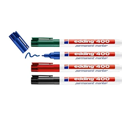Image de edding 400 Marqueur permanent noir, rouge, bleu, vert 4 stylos pointe ronde fine 1 mm sèche vite, résiste à l&#039;eau et aux frottements pour carton, plastique, bois, métal, verre