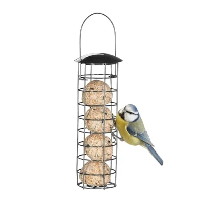 Afbeelding van Relaxdays Vetbalhouder om op te hangen met dak, H 31 x 8,5 cm, voederdispenser voor wilde vogels, metaal, zwart