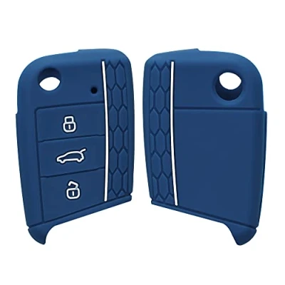 Afbeelding van kwmobile autosleutel hoesje geschikt voor VW Golf 7 MK7 3 knops hoes Siliconen behuizing Auto sleutel case met honingraat Sleuteletui in donkerblauw / wit