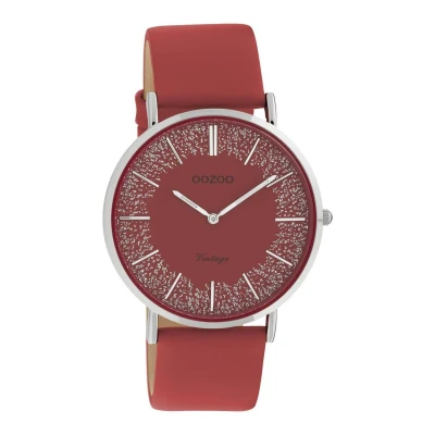 Afbeelding van OOZOO Vintage series zilverkleurige horloge met rode leren band C20129 Ø40