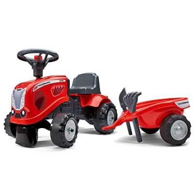 Image de Falk Porte tracteur Mc Cormick avec remorque Dès 12 mois Fabriqué en France Pelle et râteau inclus 2 styles de personnalisation Plaque d&#039;immatriculation personnalisable 220C