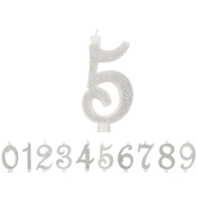 Afbeelding van IDEGOS 10 cm kaarsen, verjaardagskaarsen, nummer 5,3D, zilver, glitter, decoratie voor verjaardagstaart, kaarsen huwelijkstaart (zilver, 5)