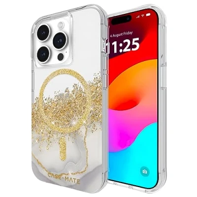 Afbeelding van Case Mate Karat Marble MagSafe Backcover Apple iPhone 15 Pro Transparant, Goud, Glittereffect compatible