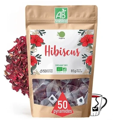 Image de ORIGEENS Hibiscus Bio 50 sachets de Thé Fleur pour Bissap, glacé, Infusion et Tisane Detox Drainante Fleurs d&#039;Hibiscus Séchées