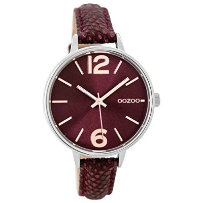Afbeelding van OOZOO Timepieces Zilverkleurige horloge met bordeaux rode leren band C9193