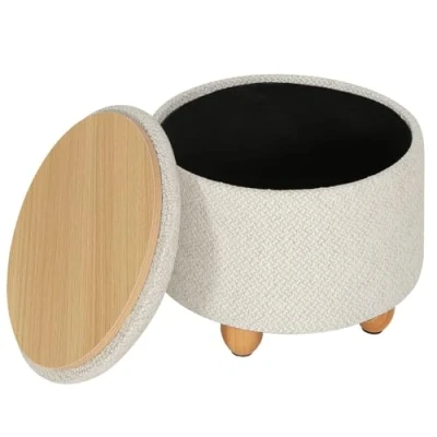 Afbeelding van WOLTU poef met deksel, voetensteun van linnen, groot, rond, ruimtebesparend, grenenhouten poten, voor woonkamer, hal, slaapkamer, Ø 39 x 33 cm, beige, SH77 cm