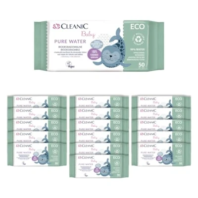 Afbeelding van Cleanic Baby Eco Pure Water vochtige doekjes voor kinderen en baby&#039;s, samenstelling 99% op waterbasis, allantoïne, geurvrij, wegwerp, de gevoelige huid, 50 x 16 stuks